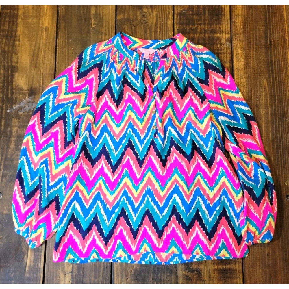 Lilly Pulitzer Multicolor Zig Zag Bright Fun Silk Blouse Sz SMALL